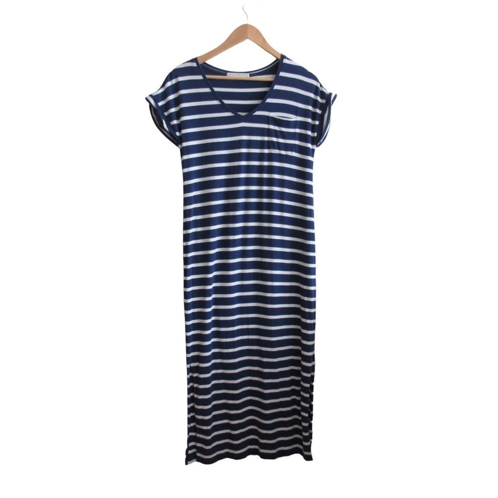 Peruvian Connection Striped Dress Small Blue Pima Cotton Modal Nautical V-Neck